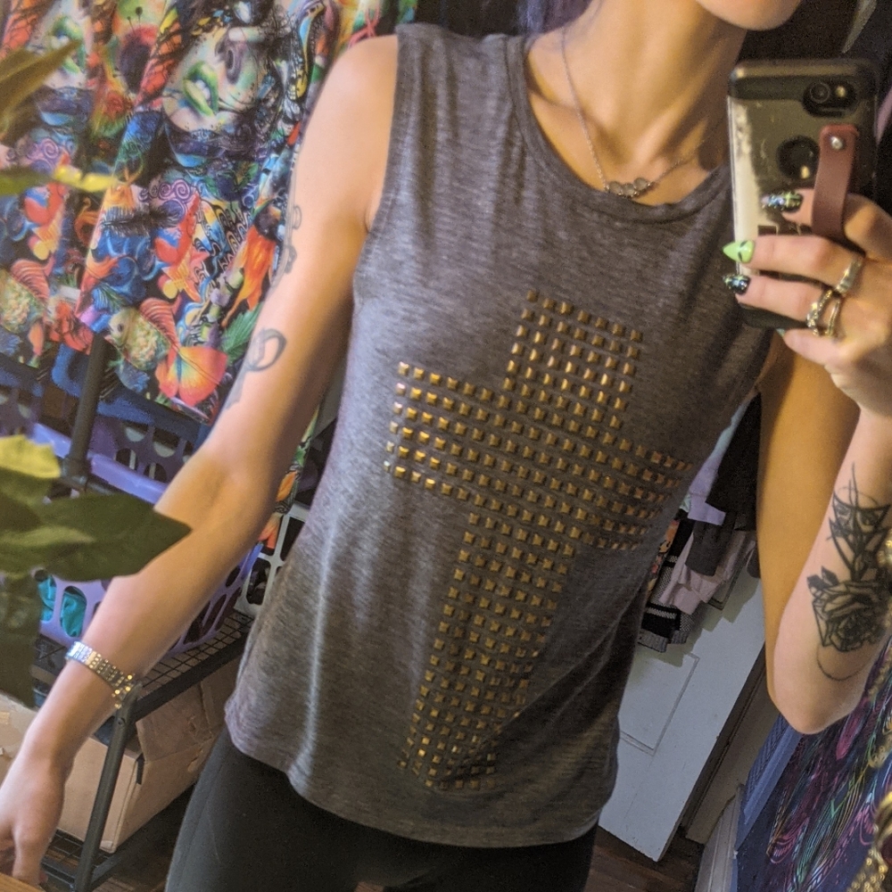 Grey cross studded sleeveless shirt
